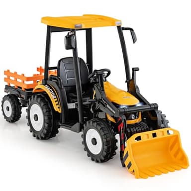 COSTWAY Electric Ride on Tractor and Trailer, 12V Battery Powered Kids Toy Car with Remote Control, Moveable Bucket, Light, Music, Safety Belt (Yellow)