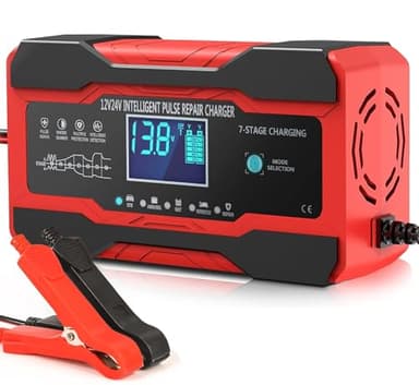 10Amp Car Battery Charger, 12V/24V Automatic Battery Charger with 7-Stage Charging and LCD Screen, Intelligent Charges, Repair, Maintains for AGM, WET & GEL Lead Acid Batteries