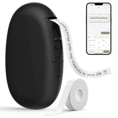 SUPVAN E10 Mini Bluetooth Label Maker Machine with Tape, Continuous Waterproof Label, Versatile App with 40+ Fonts and 600+ Icons, Inkless Labeler for Home, Kitchen, School, Office Organization, Black