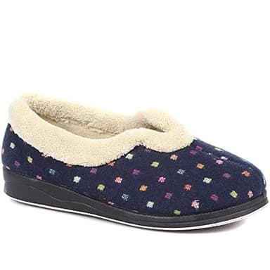 Pavers Ladies Wide Fit Polka Dot Slippers in Navy with Memory Foam and Anti-Odour Treatment Women Fluffy Inner Lining Slip On Shoes - Size UK 5/EU 38