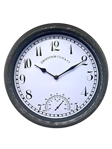HH Home Hut Outdoor Garden Wall Clock Thermometer And Humidity Meter Rust Effect Ornament Weather Resistant Arabic Numbers 38cm