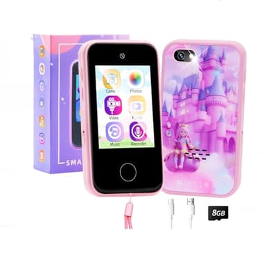 Smart Phone Toy for Kids Age 3-8, Xmas Birthday Gift for Girl & Boy 4 5 6 7 9 Years Old, Toddler Pretend Play Cell Phone with Camera, MP3 Music Player, Alarm, Puzzle Games, 8GB SD Card (Pink castle)