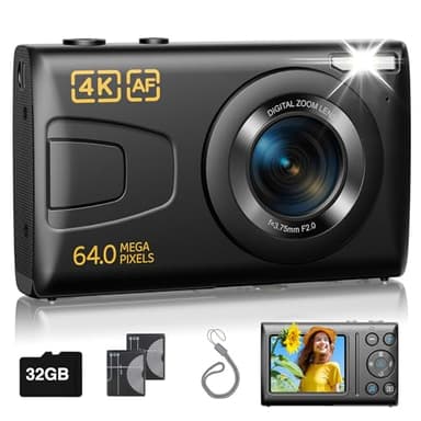 Digital Camera 4K 64MP Cheap Digital Camera with 32GB SD Card Autofocus 18x Zoom for Travel Youtube Photography Compact Vintage Camera for Kids Teenagers Students Seniors Beginner (Black)