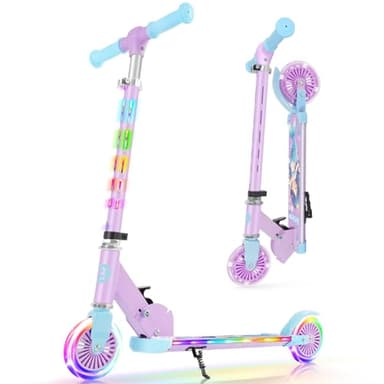 BELEEV V3 Scooter for Kids Ages 3-12, 2 Wheel Folding Scooters for Girl Boys with Light-Up Wheels & Stem & Deck, 4 Adjustable Height, Cartoon Pattern Deck, Lightweight Scooter with Kickstand(Purple)