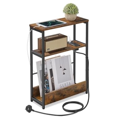 VASAGLE Slim Side Table with Charging Station, 3-Tier Narrow Bedside Table, End Table for Small Spaces, Magazine Rack, for Living Room, Bedroom, Study, Rustic Brown and Ink Black LET335K03