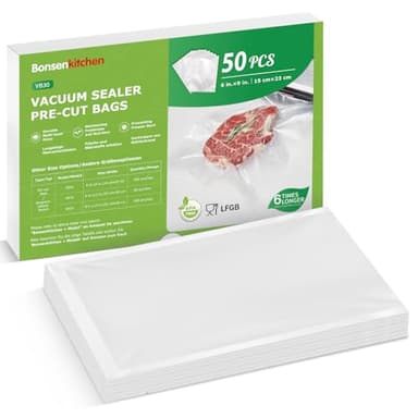 Bonsenkitchen Precut Vacuum Sealer Bags, 50 pcs 15 x 23 CM Food Sealer Bags, Food Grade, BPA Free, Heavy Duty, Customized Size Vacuum Bags for Vac Storage, Meal Prep or Sous Vide Cooking, VB30