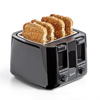 Quest 4 Slice Toaster with Wide Slots / 7 Browning Levels/Reheat & Defrost/Crumb Tray & Cord Storage / 1500W (Black)
