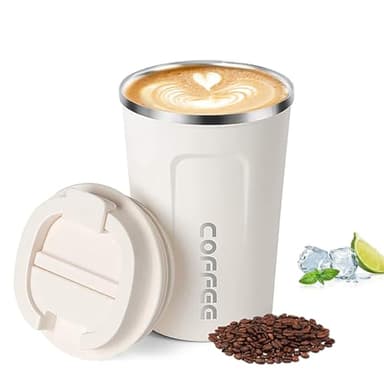 DDUP Travel Mugs, Insulated Coffee Cup with Leakproof Lid, Reusable Coffee Cups Travel,Portable Car Coffee Cup, Stainless Steel Thermal Mug for Hot and Cold Coffee Water and Tea-380ml(White)