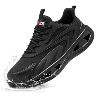 LARNMERN Steel Toe Cap Trainers Mens Safety Trainers Waterproof Safety Shoes Comfortable Lightweight Fashion Cushioning Breathable Work Shoes(Black Microfiber,9.5UK)