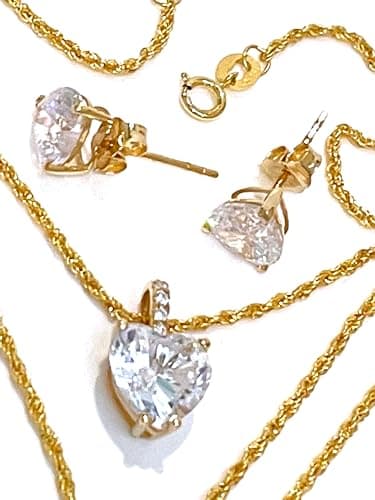 18 Karat SOLID GOLD Love Heart FINE Diamond jewelry SETS for women HANDMADE jewellery 18" Single Solitaire Diamond Necklace Pendant Earrings SET Birthday gift for wife who has everything 3.5 carat
