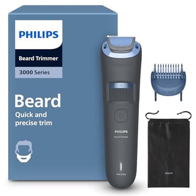 Philips Beard Trimmer 3000 Series - Self-Sharpening Blades with Round Tips, 20 Lock-in Settings, Lift&Trim Comb, 100% Waterproof, Battery Indicator, USB Charging, Soft Pouch, Model BT3619/15