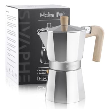 Sivaphe Stovetop Coffee Maker 300ml/6 Cups, Aluminium Moka Pot Italian Espresso Maker with Heat-Resistant Handle, Sliver