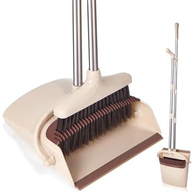 XXFLOWER Long Handle Dustpan and Brush Sets, Broom and Dustpan Set with Comb Teeth, Sweeping Brush Set for Indoor Kitchen Lobby Office Sweeping Pet Dog Hair, Household Cleaning Supplies(Beige)