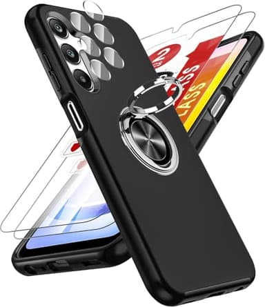 LeYi for Samsung Galaxy A25 5G Case with 2 Tempered Glass Screen Protector, 2 Camera Lens Protector and Invisible Phone Ring Holder, Shockproof Protective Phone Cover for Samsung Galaxy A 25 - Black
