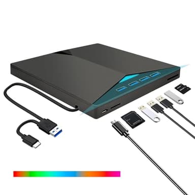 External CD DVD Drive,USB 3.0 Type-C Portable CD/DVD Disk Drive Player Burner Reader Writer with 4 USB Ports & SD/TF, Slim Optical Drive DVD for Desktop PC Windows 11/10/8/7/XP Macbook Mac Linux OS