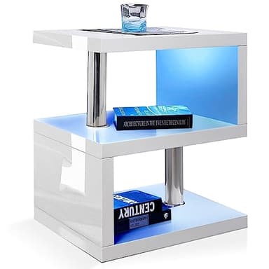 High Gloss Bedside Table with RGB LED Lights 2 Tier Shelf Side Table for Bedroom and Living Room End Table Nightstand Side Tables Small Spaces for Bedroom Furniture, White