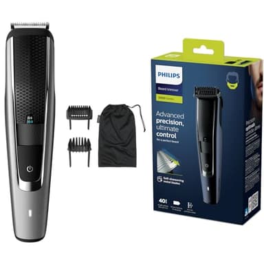 Philips Beard & Stubble Trimmer/Hair Clipper for Men, Series 5000, 40 Length Settings, Self-Sharpening Metal Blades, UK 3-Pin Plug - BT5502/13