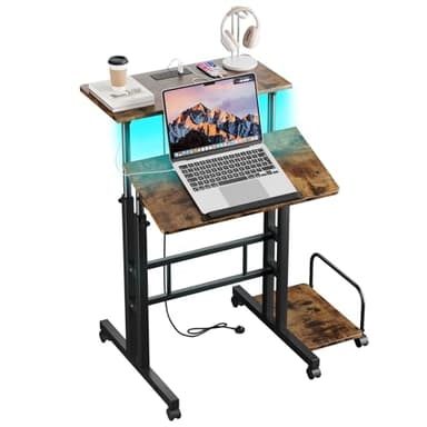 Dripex Height Adjustable Desk with Power Outlets & Strip Lights Mobile Standing Desk with Wheels Rolling Computer Desk Table Riser Small Sit-Stand Workstation for Home Office L60xW60xH68-115cm
