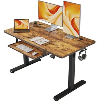 FEZIBO Height Adjustable Electric Standing Desk with Keyboard Tray, 120 x 60 cm Sit Stand up Desk with Splice Board, Black Frame/Rustic Brown Top