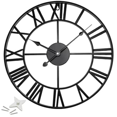 Black Metal Wall Clock for Garden, Large Wall Clocks for Living Room, Silent Non-Ticking Roman Numerals Wall Clock for Indoor & Outdoor, Vintage Look Clock for Bedroom, and Kitchen – Large 60 cm