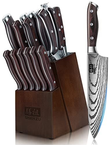 SHAN ZU Knife Set 16 pcs, Japanese Kitchen Knife Set with Block High Carbon Stainless Steel Ultra Sharp Chef Knife for Kitchen with Block and Sharpener