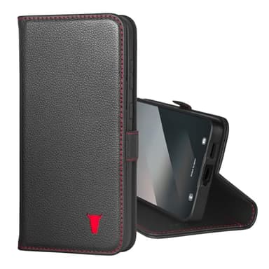 TORRO Leather Case Compatible with Samsung Galaxy S25+ Plus 5G 2025 – Premium Leather Wallet Case with Kickstand and Card Slots Black with Red Detail