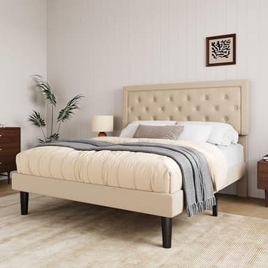 Allewie Queen Size Button Tufted Platform Bed Frame/Fabric Upholstered Bed Frame with Adjustable Headboard/Wood Slat Support/Mattress Foundation/Beige (Queen)