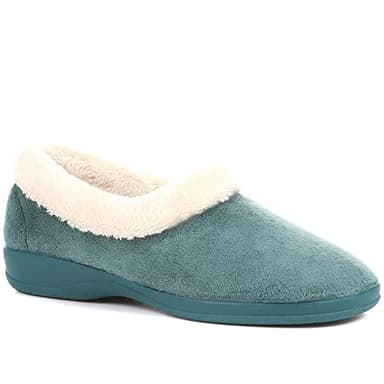 Pavers Women's Fluffy Slippers in Teal - Faux Fur Slip-Ons Offering Warmth and Comfort - Distinctive Fur Collar Design - Size UK 5 / EU 38