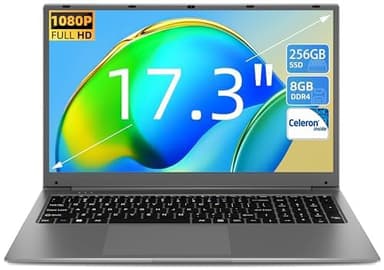 SGIN Laptop, 17.3 Inch IPS FHD Laptops Computer, 8GB RAM 256GB SSD Notebook with Celeron Quad-core Processor, Mini HDMI, Webcam, 2xUSB 3.0, Expandable Storage 512GB TF, Type-C(Gray)