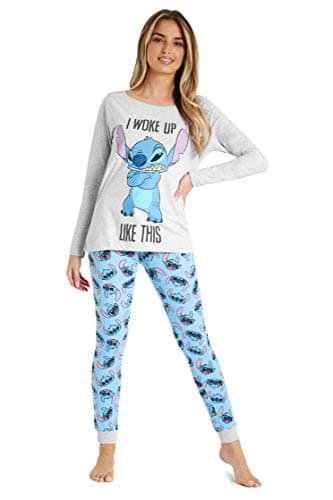 Disney Stitch Womens Pyjamas Set - Nightwear Top and Long Bottoms PJs Lounge Set Women and Teenagers S-XL Stitch Gifts (Grey/Blue Stitch, 12/14 UK, M)