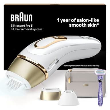 Braun IPL Silk Expert Pro 5 Hair Removal, IPL For Visible Permanent Visible Hair Removal For Women & Men, Venus Razor, Premium pouch, 400,000 Flashes, Gifts for Women, PL5137, White/Gold