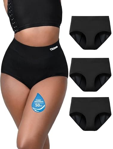 TIICHOO High Waisted Period Pants for Women Heavy Flow Soft Briefs Maternity Postpartum Pants Pack of 3(3XL, 3 Black)