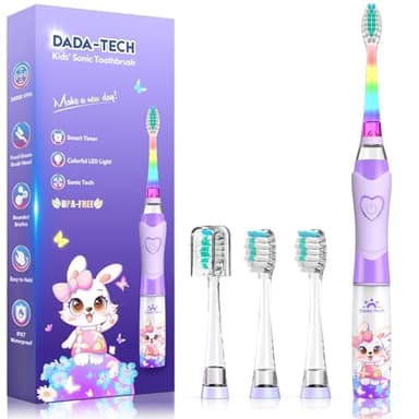 Kids Electric Toothbrush 3-5-6-12, Toddler Toothbrush Girls Electric Toothbrush with Timer Rainbow LED Light Up Sonic Battery Powered Junior Childrens Electric Tooth Brush (Purple Rabbit)