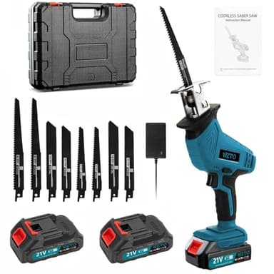 Blue Reciprocating Saw, 0-4000 RPM Variable Speed Electric, Cordless Reciprocating Saws, 21V Cordless Electric Saw to Cut Metal, for PVC Cutting with 2 Batteries, 8 Saws Blades