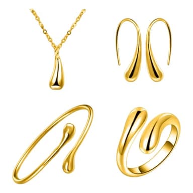 Shienfir Daily Jewelry Set Women Finger Ring 4-Piece Water Drop Shape Polished Metal Adjustable Open Design Earrings Necklace Bangle Golden
