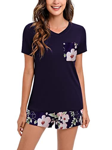 Famulily Summer Pjs for Women Ladies Summer Pajamas Set Soft Casual Cotton Short Floral Print Shorts Pajamas with Pocket Drawstring Blue M