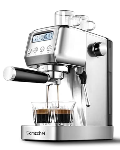 AMZCHEF 20 Bar Espresso Coffee Machines with LCD Panel and Steam Milk Frother, Compact Cappuccino and Latte Machine, All In One Coffee Machine for Home Use with 1.3L Removable Water Tank, 2 Filters