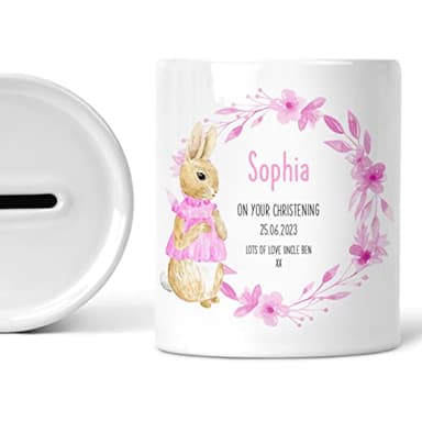 Personalised Money Box, Christening Gift for Girl, Custom Christening Gift, Baptism Gift, Christening Keepsake, Rabbit, Piggy Bank, Ceramic Money Bank, Savings Jar