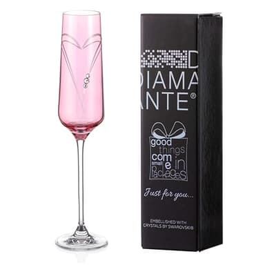 DIAMANTE Champagne Flute Glass - Pink Hearts - Single Pink Coloured Giftable Champagne Glass with Swarovski Crystals