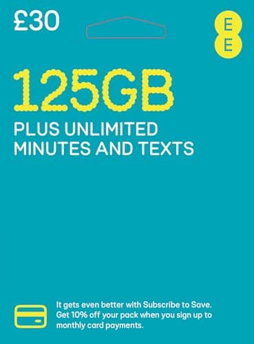 EE 125GB Data Sim includes £30 pre-paid credit, 125GB Data, Unlimited minutes & unlimited texts