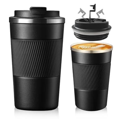 Senshuomy Travel Mug, Insulated Coffee Cup with Leakproof Lid, Reusable Coffee Cups Travel Cup, Stainless Steel thermaol Mug for Hot Cold Drinks (Black 380ml)