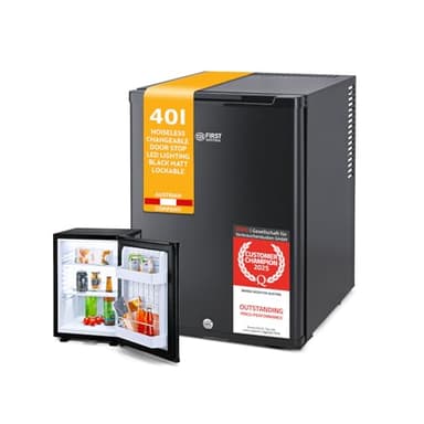 TZS First Austria - Mini fridge 40L silent & lockable - Small Minifridge, with reversible door hinge & interior lighting - Low noise Minibar for camping, office, bedroom & hotel - Matte black