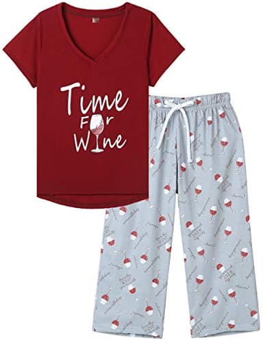 MyFav Women's Sleepwear Soft Red Wine Printed Short Sleeve Pyjama Capri Set, Wine, Large
