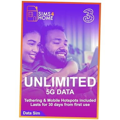 Three UK Data Sim Card Preloaded with UNLIMITED 4G/5G Data. No Contracts, No Commitments, No Credit Checks, No Tie-ins, No Personal ID. (Valid for 1 Month)