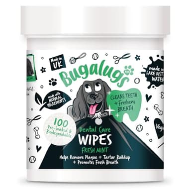 BUGALUGS Dog Breath Freshener Dog Teeth Wipes - Dog Plaque Remover Dog Wipes & tartar remover for teeth. Dog Teeth Cleaning Product No Dog Toothbrush And Toothpaste Brushing Needed (Dog 100 Wipes)