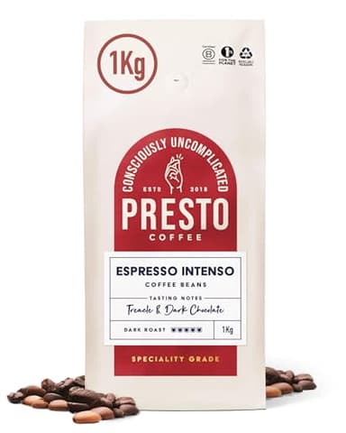 Presto Coffee | Seriously Strong Coffee Beans 1kg | Dark Roast | Chocolate & Toasted Almond Notes | Rainforest Alliance Certified 100% Robusta | Perfect for Bean-to-Cup Coffee Machines (Pack of 1kg)