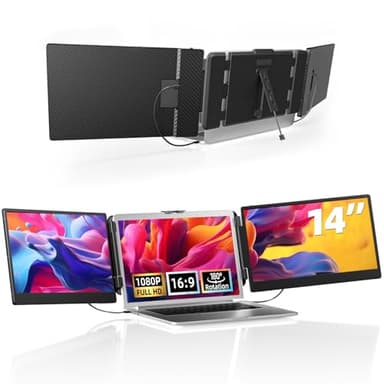 hualink Triple Laptop Screen Extender - 14" FHD 1080P IPS HDMI/USB-A/Type-C Portable Monitor for Laptop 13-17”Plug and Play for MacBook, Windows, Chrome, Switch