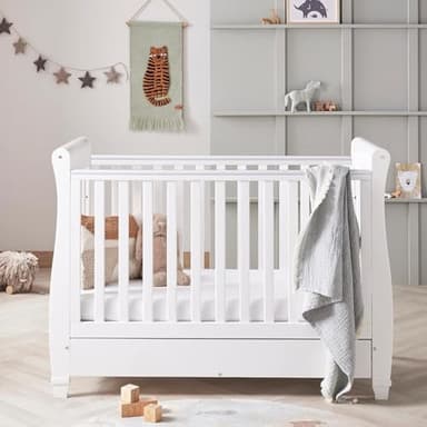 Babymore Eva Sleigh Cot Bed White - Drop Side Bed With Mattress Included, Baby Cot Bed With Teething Rail & Drawer, Convertible to Toddler Bed & Day Bed,| 3 Adjustable Bed Base Positions (White)