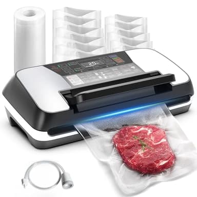 95kPa Food Vacuum Sealer Machine, Auto 12-in-1 Vacuum Food Sealer with Easy-Lock Handle, Double Heat Seal, Vacuum Pack Machine with Built-in Cutter and Bag Storage, 1 Roll and 10 Pre-cut Bags