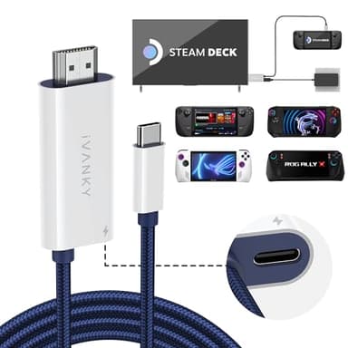 IVANKY 2-in-1 USB C to HDMI 100W Charging Cable Dock for Steam Deck OLED/ASUS ROG Ally X/MSI Claw, 4K@60Hz Nylon Braided Cable Portable Travel TV Adapter Connector for TV Screen Extend, Phantom White